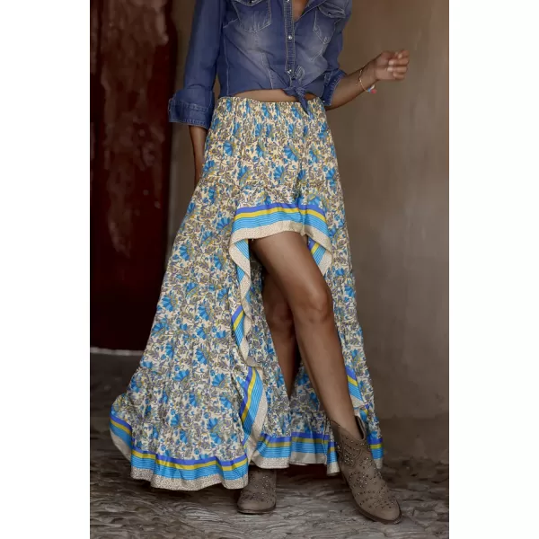 BTFBM Women 2024 Summer Spring Boho Long Skirts Dress Floral Print Elastic Waist Split Ruffle High Low Beach Maxi SkirtXblue