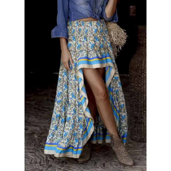 BTFBM Women 2024 Summer Spring Boho Long Skirts Dress Floral Print Elastic Waist Split Ruffle High Low Beach Maxi SkirtXblue