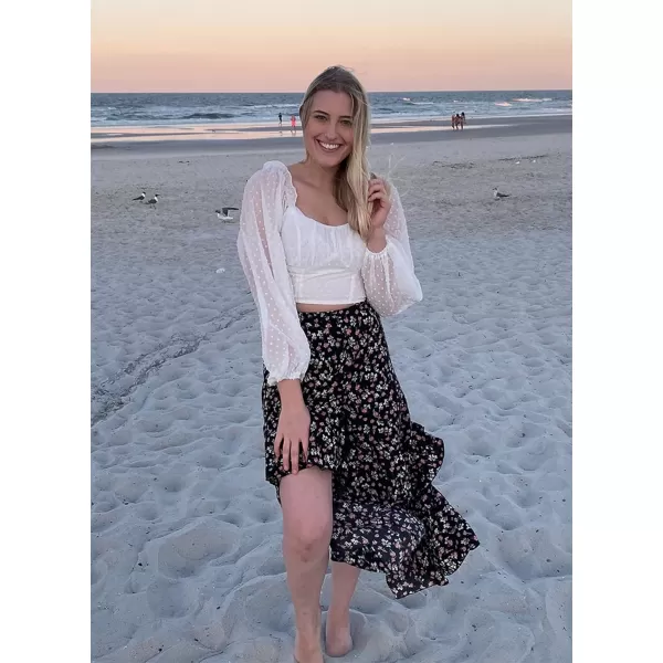 BTFBM Women 2024 Summer Spring Boho Long Skirts Dress Floral Print Elastic Waist Split Ruffle High Low Beach Maxi SkirtZblack