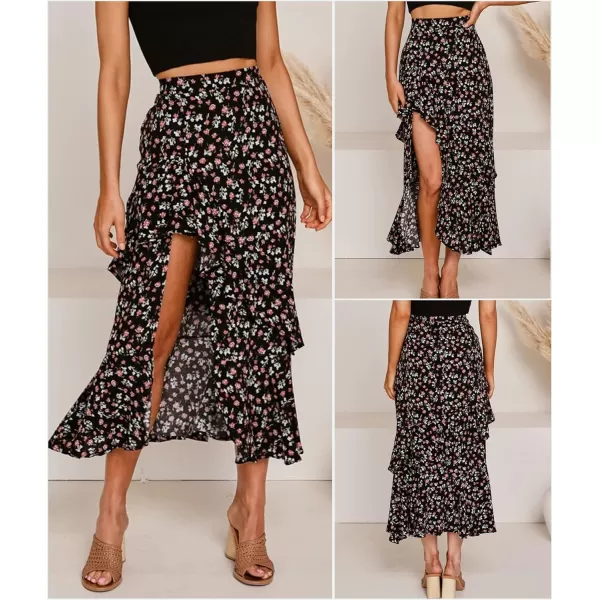 BTFBM Women 2024 Summer Spring Boho Long Skirts Dress Floral Print Elastic Waist Split Ruffle High Low Beach Maxi SkirtZblack