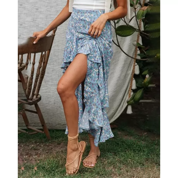 BTFBM Women 2024 Summer Spring Boho Long Skirts Dress Floral Print Elastic Waist Split Ruffle High Low Beach Maxi SkirtZblue