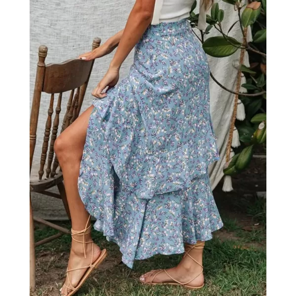 BTFBM Women 2024 Summer Spring Boho Long Skirts Dress Floral Print Elastic Waist Split Ruffle High Low Beach Maxi SkirtZblue