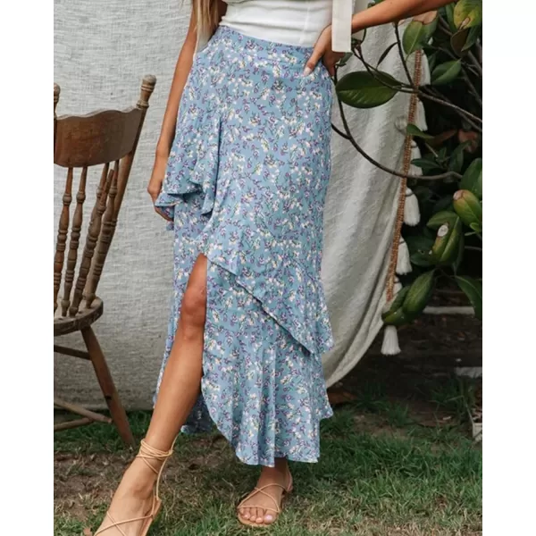 BTFBM Women 2024 Summer Spring Boho Long Skirts Dress Floral Print Elastic Waist Split Ruffle High Low Beach Maxi SkirtZblue