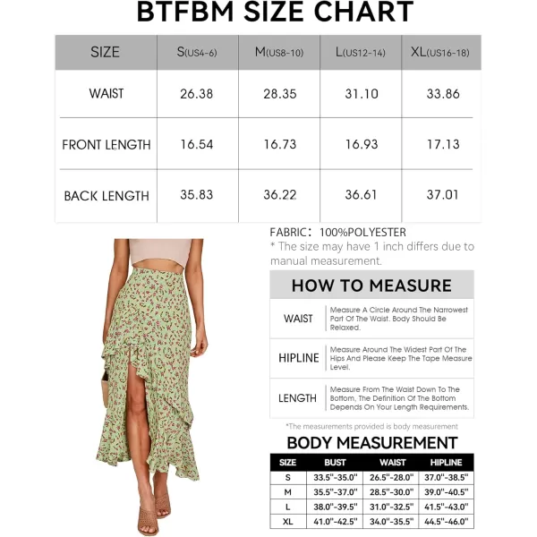 BTFBM Women 2024 Summer Spring Boho Long Skirts Dress Floral Print Elastic Waist Split Ruffle High Low Beach Maxi SkirtZgreen