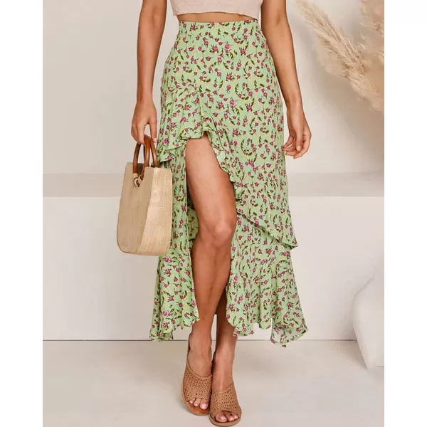 BTFBM Women 2024 Summer Spring Boho Long Skirts Dress Floral Print Elastic Waist Split Ruffle High Low Beach Maxi SkirtZgreen