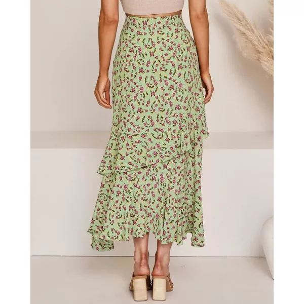 BTFBM Women 2024 Summer Spring Boho Long Skirts Dress Floral Print Elastic Waist Split Ruffle High Low Beach Maxi SkirtZgreen