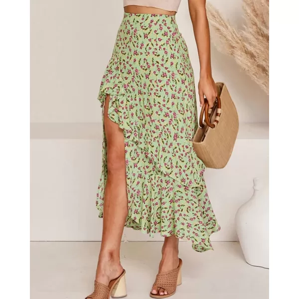 BTFBM Women 2024 Summer Spring Boho Long Skirts Dress Floral Print Elastic Waist Split Ruffle High Low Beach Maxi SkirtZgreen