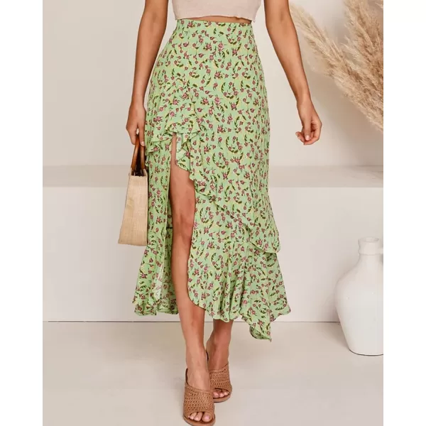 BTFBM Women 2024 Summer Spring Boho Long Skirts Dress Floral Print Elastic Waist Split Ruffle High Low Beach Maxi SkirtZgreen