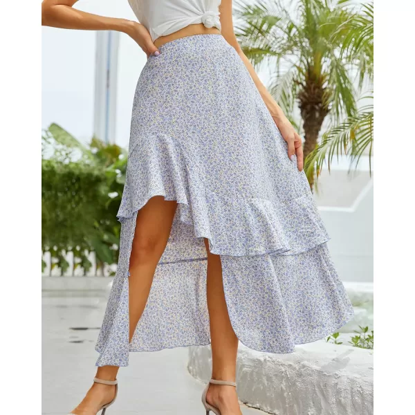 BTFBM Women 2024 Summer Spring Boho Long Skirts Dress Floral Print Elastic Waist Split Ruffle High Low Beach Maxi SkirtZlight Blue