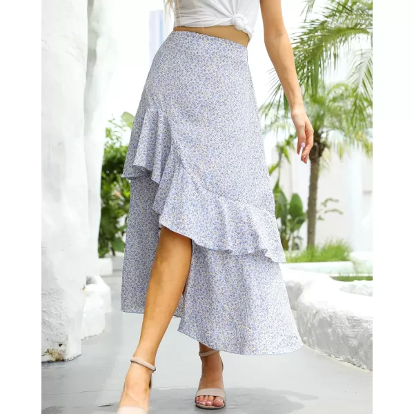 BTFBM Women 2024 Summer Spring Boho Long Skirts Dress Floral Print Elastic Waist Split Ruffle High Low Beach Maxi SkirtZlight Blue
