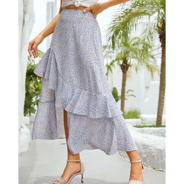 BTFBM Women 2024 Summer Spring Boho Long Skirts Dress Floral Print Elastic Waist Split Ruffle High Low Beach Maxi SkirtZlight Blue