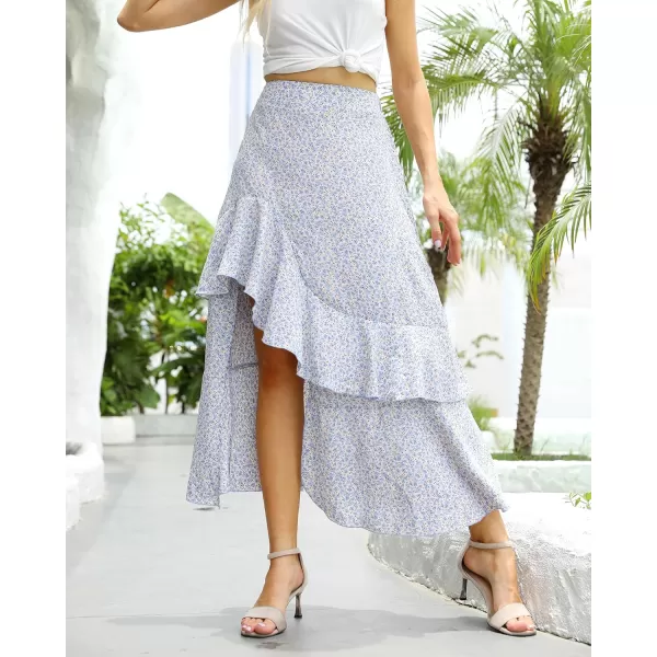 BTFBM Women 2024 Summer Spring Boho Long Skirts Dress Floral Print Elastic Waist Split Ruffle High Low Beach Maxi SkirtZlight Blue