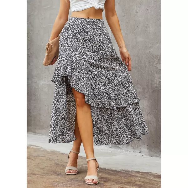BTFBM Women 2024 Summer Spring Boho Long Skirts Dress Floral Print Elastic Waist Split Ruffle High Low Beach Maxi SkirtZnavy