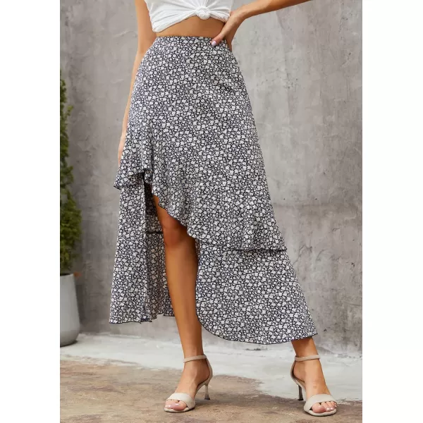 BTFBM Women 2024 Summer Spring Boho Long Skirts Dress Floral Print Elastic Waist Split Ruffle High Low Beach Maxi SkirtZnavy