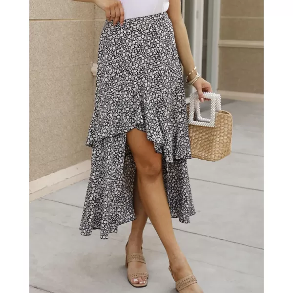 BTFBM Women 2024 Summer Spring Boho Long Skirts Dress Floral Print Elastic Waist Split Ruffle High Low Beach Maxi SkirtZnavy
