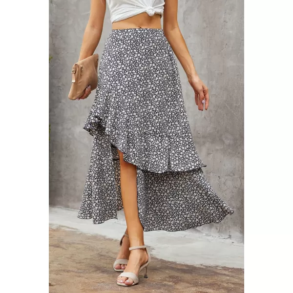 BTFBM Women 2024 Summer Spring Boho Long Skirts Dress Floral Print Elastic Waist Split Ruffle High Low Beach Maxi SkirtZnavy