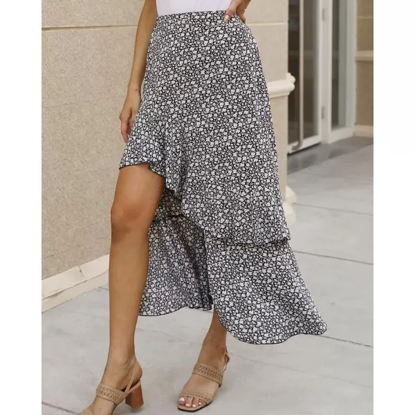BTFBM Women 2024 Summer Spring Boho Long Skirts Dress Floral Print Elastic Waist Split Ruffle High Low Beach Maxi SkirtZnavy