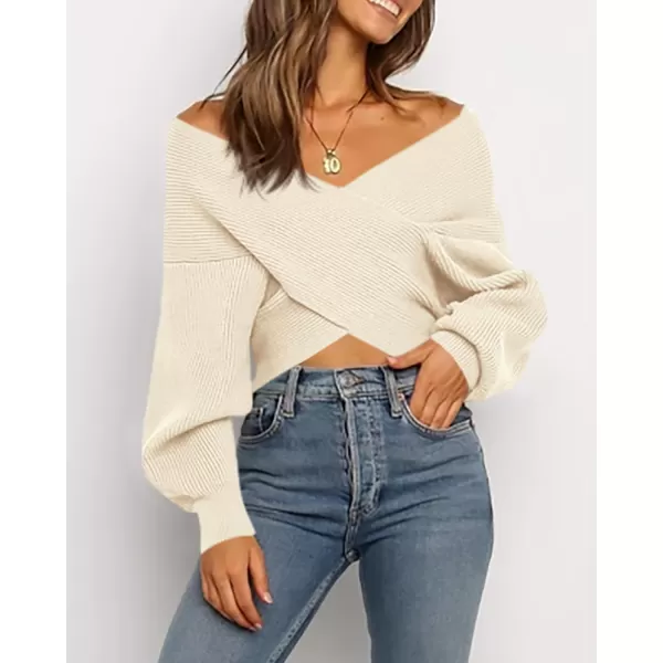 BTFBM Women Casual V Neck Long Sleeve Sweaters Cross Wrap Front Off Shoulder Asymmetric Hem Knitted Crop Solid PulloverSolid Apricot