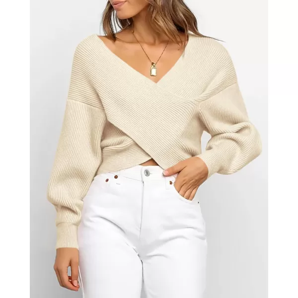 BTFBM Women Casual V Neck Long Sleeve Sweaters Cross Wrap Front Off Shoulder Asymmetric Hem Knitted Crop Solid PulloverSolid Apricot