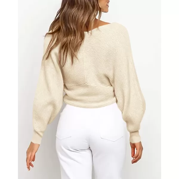 BTFBM Women Casual V Neck Long Sleeve Sweaters Cross Wrap Front Off Shoulder Asymmetric Hem Knitted Crop Solid PulloverSolid Apricot