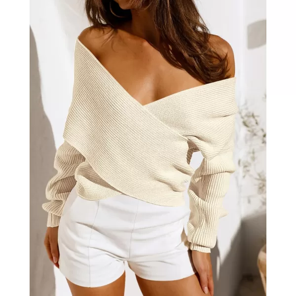 BTFBM Women Casual V Neck Long Sleeve Sweaters Cross Wrap Front Off Shoulder Asymmetric Hem Knitted Crop Solid PulloverSolid Apricot