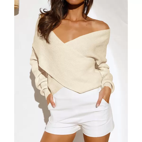 BTFBM Women Casual V Neck Long Sleeve Sweaters Cross Wrap Front Off Shoulder Asymmetric Hem Knitted Crop Solid PulloverSolid Apricot