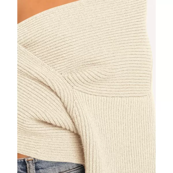 BTFBM Women Casual V Neck Long Sleeve Sweaters Cross Wrap Front Off Shoulder Asymmetric Hem Knitted Crop Solid PulloverSolid Apricot