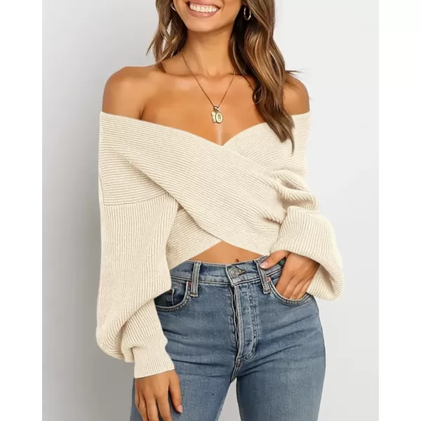 BTFBM Women Casual V Neck Long Sleeve Sweaters Cross Wrap Front Off Shoulder Asymmetric Hem Knitted Crop Solid PulloverSolid Apricot