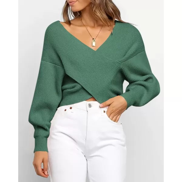 BTFBM Women Casual V Neck Long Sleeve Sweaters Cross Wrap Front Off Shoulder Asymmetric Hem Knitted Crop Solid PulloverSolid Army Green