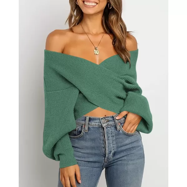 BTFBM Women Casual V Neck Long Sleeve Sweaters Cross Wrap Front Off Shoulder Asymmetric Hem Knitted Crop Solid PulloverSolid Army Green