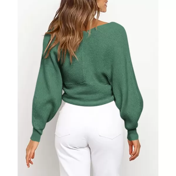 BTFBM Women Casual V Neck Long Sleeve Sweaters Cross Wrap Front Off Shoulder Asymmetric Hem Knitted Crop Solid PulloverSolid Army Green