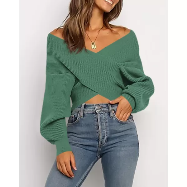 BTFBM Women Casual V Neck Long Sleeve Sweaters Cross Wrap Front Off Shoulder Asymmetric Hem Knitted Crop Solid PulloverSolid Army Green