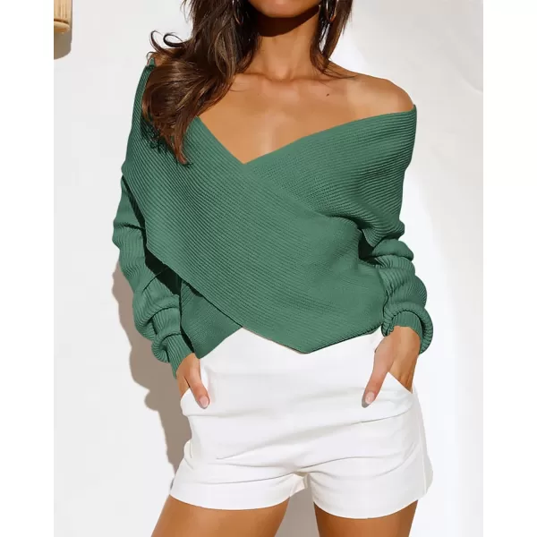 BTFBM Women Casual V Neck Long Sleeve Sweaters Cross Wrap Front Off Shoulder Asymmetric Hem Knitted Crop Solid PulloverSolid Army Green