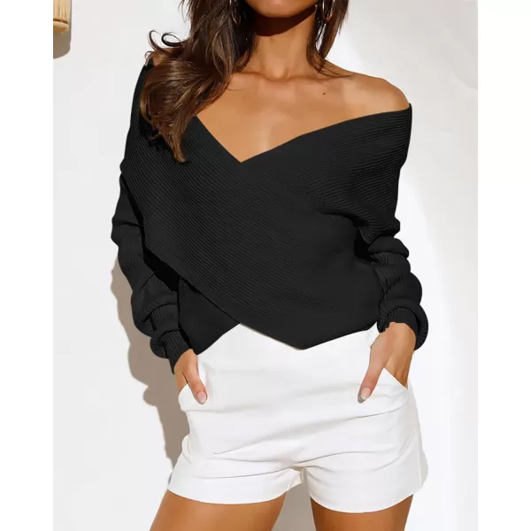 BTFBM Women Casual V Neck Long Sleeve Sweaters Cross Wrap Front Off Shoulder Asymmetric Hem Knitted Crop Solid PulloverSolid Black