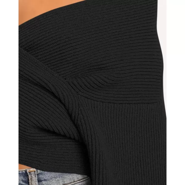 BTFBM Women Casual V Neck Long Sleeve Sweaters Cross Wrap Front Off Shoulder Asymmetric Hem Knitted Crop Solid PulloverSolid Black