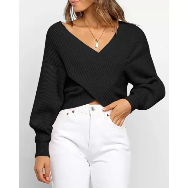 BTFBM Women Casual V Neck Long Sleeve Sweaters Cross Wrap Front Off Shoulder Asymmetric Hem Knitted Crop Solid PulloverSolid Black