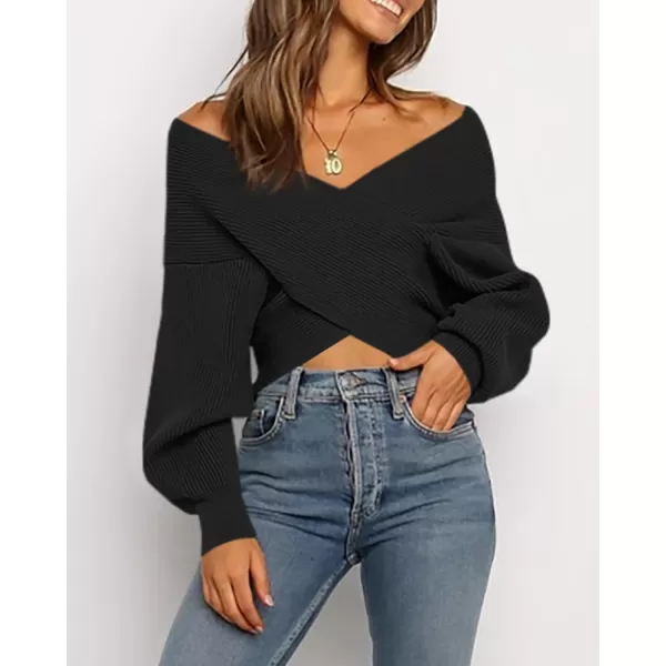 BTFBM Women Casual V Neck Long Sleeve Sweaters Cross Wrap Front Off Shoulder Asymmetric Hem Knitted Crop Solid PulloverSolid Black