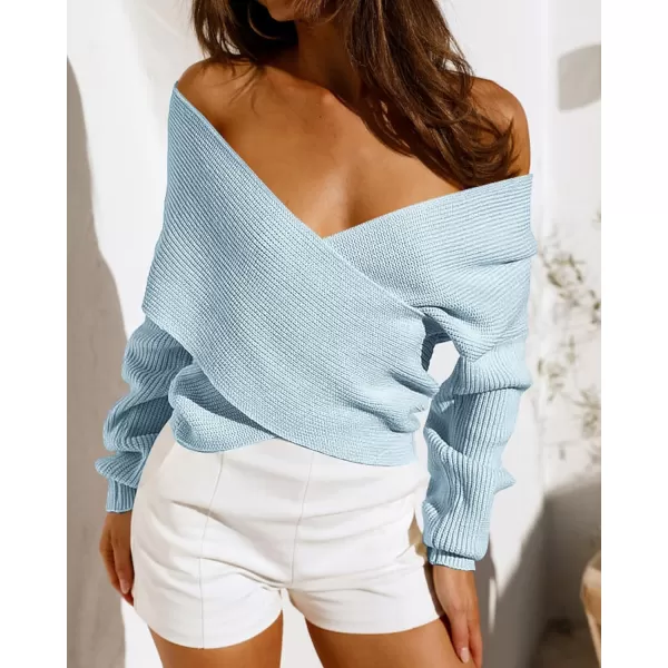 BTFBM Women Casual V Neck Long Sleeve Sweaters Cross Wrap Front Off Shoulder Asymmetric Hem Knitted Crop Solid PulloverSolid Blue
