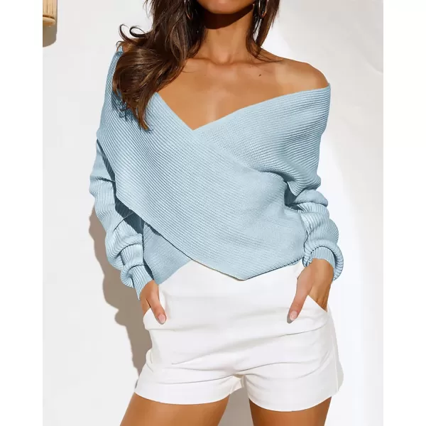 BTFBM Women Casual V Neck Long Sleeve Sweaters Cross Wrap Front Off Shoulder Asymmetric Hem Knitted Crop Solid PulloverSolid Blue
