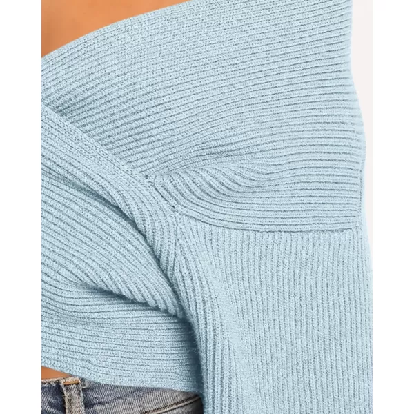 BTFBM Women Casual V Neck Long Sleeve Sweaters Cross Wrap Front Off Shoulder Asymmetric Hem Knitted Crop Solid PulloverSolid Blue