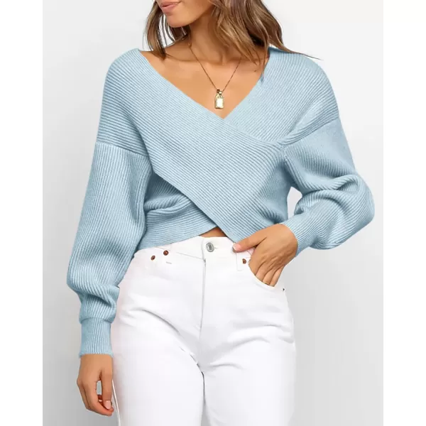 BTFBM Women Casual V Neck Long Sleeve Sweaters Cross Wrap Front Off Shoulder Asymmetric Hem Knitted Crop Solid PulloverSolid Blue