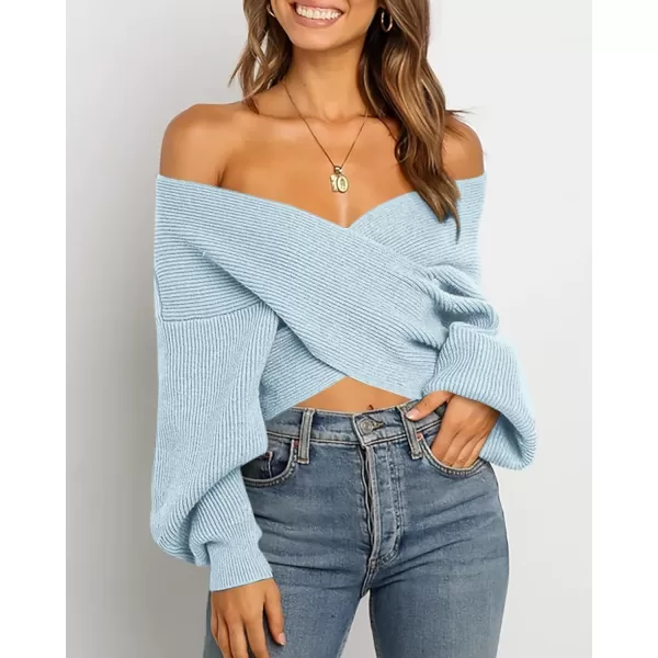 BTFBM Women Casual V Neck Long Sleeve Sweaters Cross Wrap Front Off Shoulder Asymmetric Hem Knitted Crop Solid PulloverSolid Blue
