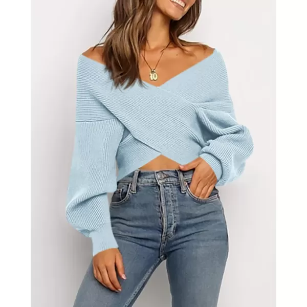 BTFBM Women Casual V Neck Long Sleeve Sweaters Cross Wrap Front Off Shoulder Asymmetric Hem Knitted Crop Solid PulloverSolid Blue