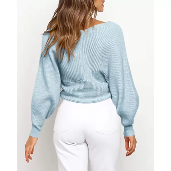 BTFBM Women Casual V Neck Long Sleeve Sweaters Cross Wrap Front Off Shoulder Asymmetric Hem Knitted Crop Solid PulloverSolid Blue