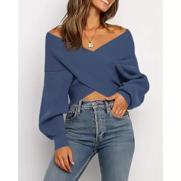 BTFBM Women Casual V Neck Long Sleeve Sweaters Cross Wrap Front Off Shoulder Asymmetric Hem Knitted Crop Solid PulloverSolid Blue Grey