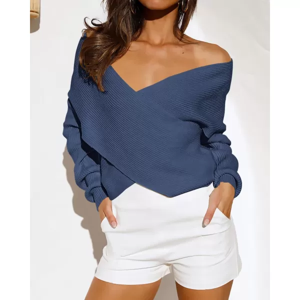 BTFBM Women Casual V Neck Long Sleeve Sweaters Cross Wrap Front Off Shoulder Asymmetric Hem Knitted Crop Solid PulloverSolid Blue Grey