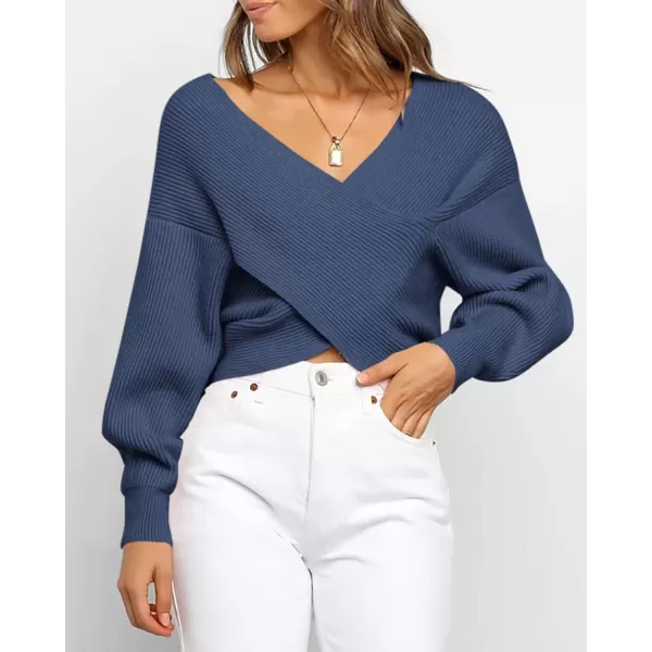 BTFBM Women Casual V Neck Long Sleeve Sweaters Cross Wrap Front Off Shoulder Asymmetric Hem Knitted Crop Solid PulloverSolid Blue Grey