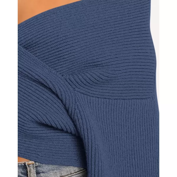BTFBM Women Casual V Neck Long Sleeve Sweaters Cross Wrap Front Off Shoulder Asymmetric Hem Knitted Crop Solid PulloverSolid Blue Grey