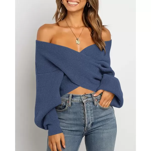 BTFBM Women Casual V Neck Long Sleeve Sweaters Cross Wrap Front Off Shoulder Asymmetric Hem Knitted Crop Solid PulloverSolid Blue Grey