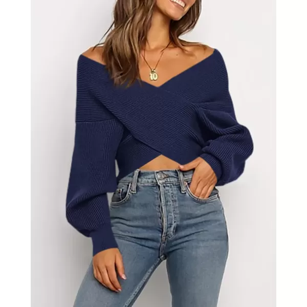 BTFBM Women Casual V Neck Long Sleeve Sweaters Cross Wrap Front Off Shoulder Asymmetric Hem Knitted Crop Solid PulloverSolid Bright Blue